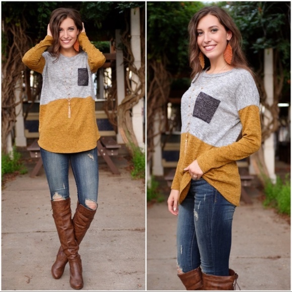 Infinity Raine Tops - LAST ONE! Long Sleeve Color Block Mustard-Gray Top